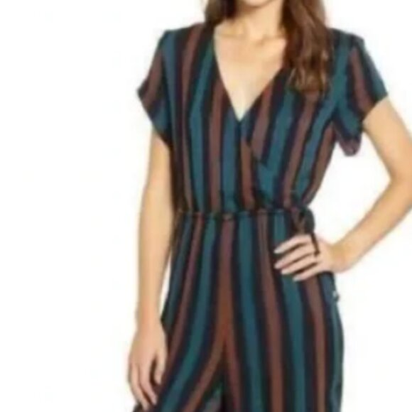 Madewell Kent Short Sleeve Wrap Boho Striped Low V Cut Jumpsuit A7 - Picture 2 of 4